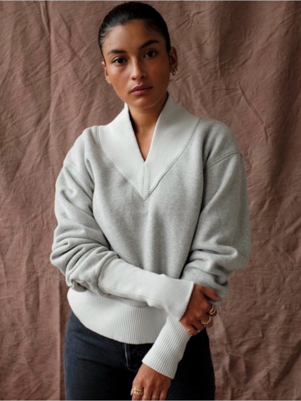 AGOLDE Klara Extended V-Neck Sweatshirt Small S Heather Grey